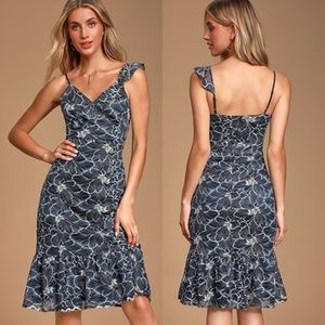 LuLus Fleur Allured Navy Blue Lace Midi Dress
